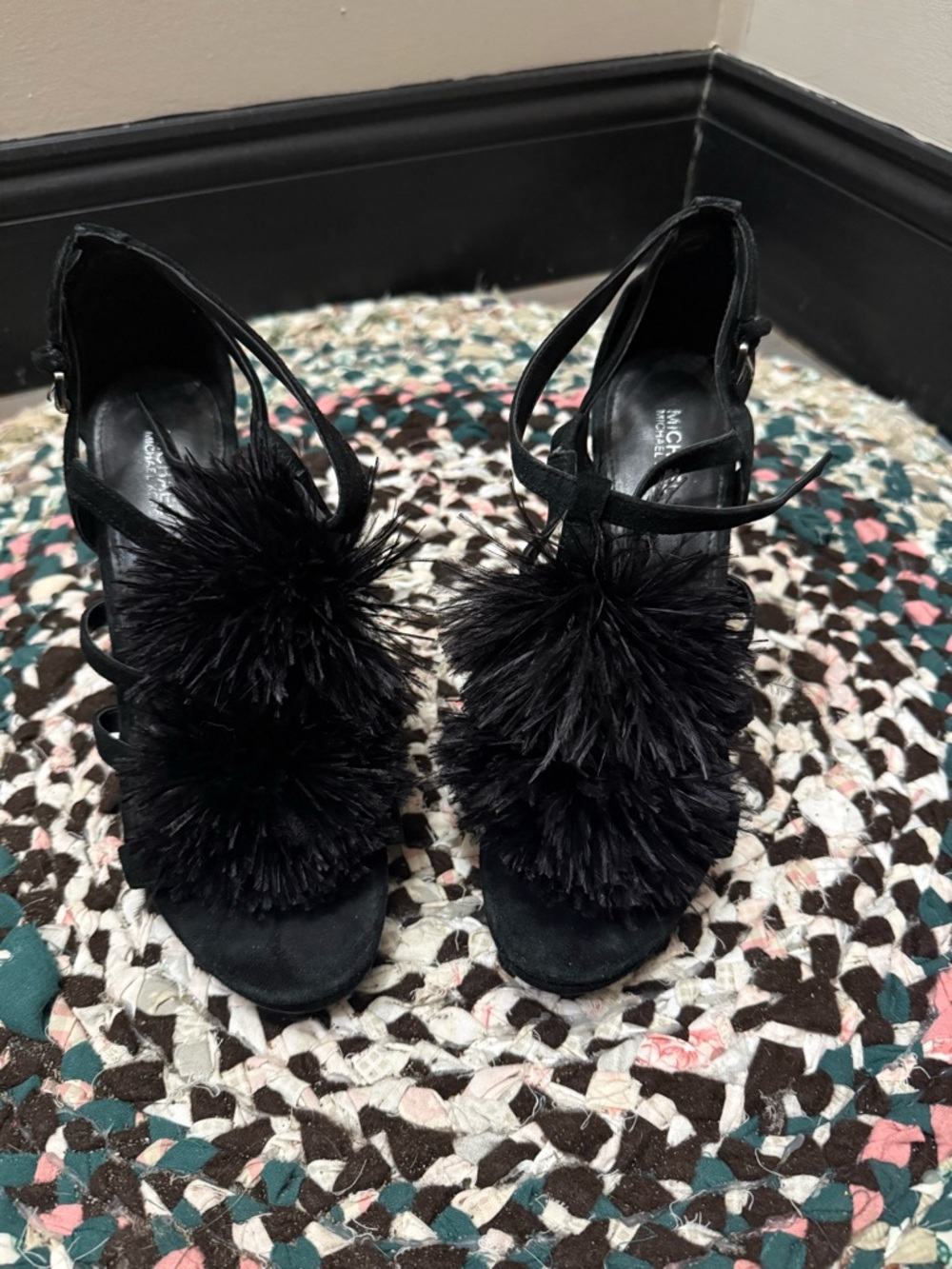 Michael Kors Black Feather Pom Pom Strappy Heels